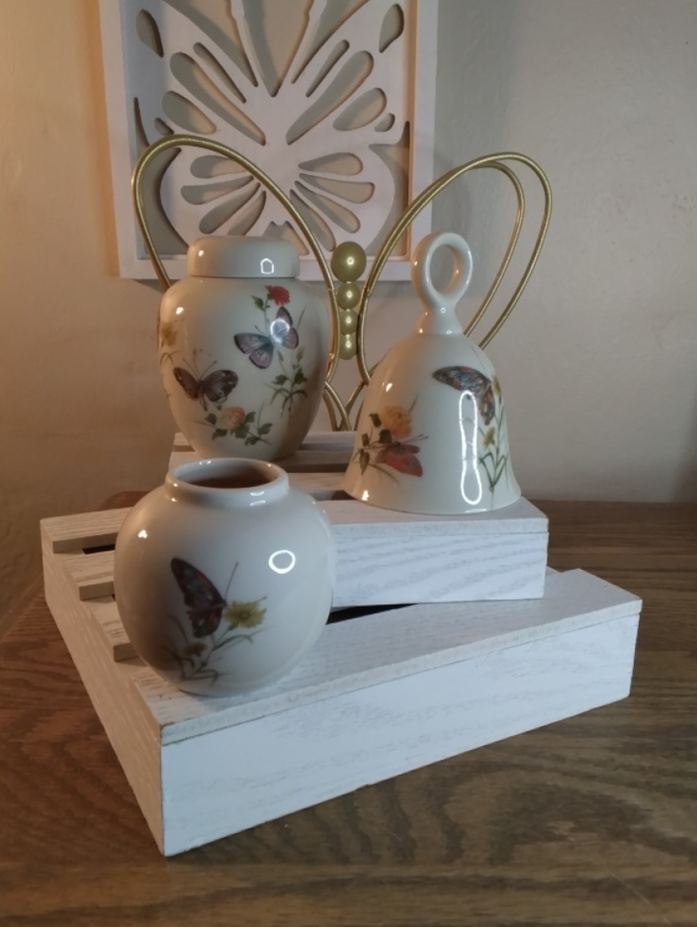 Porcelain Butterfly Floral Bell and Vases - White